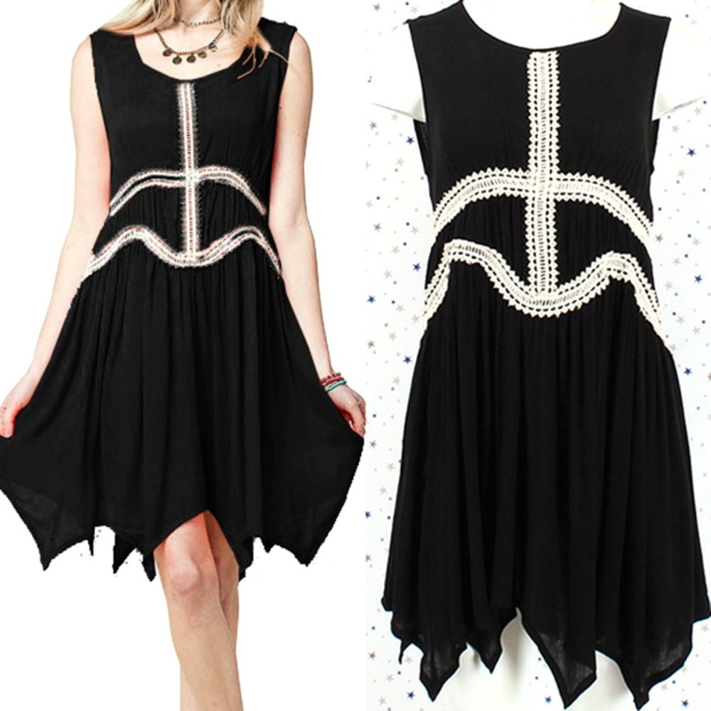 Lace Detail Handkerchief Hem Dress Black